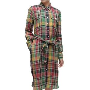 Lauren Ralph Lauren Women's Plaid Tie Front Linen Shirtdress Size 16 M W/pockets